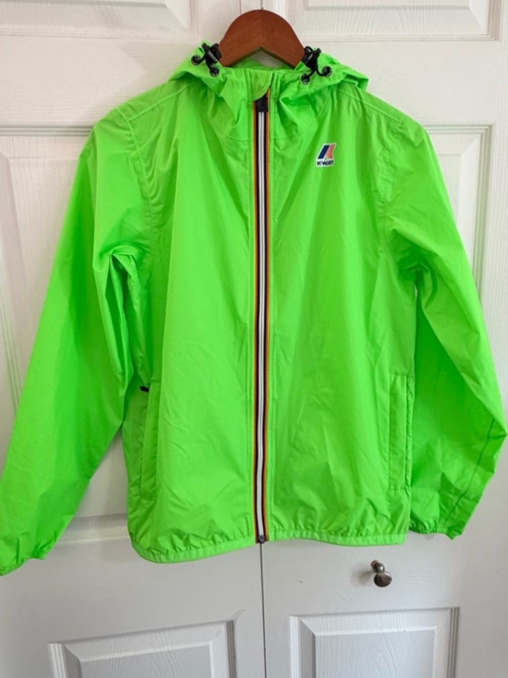 K-Way Le Vrai 3.0 Claude Neon Green Packable Rain Jacket XS Hiking wind breaker